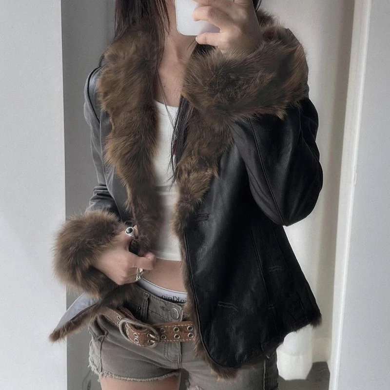 Ladies Winter Y2K Streetwear Faux Leather Jacket V‑Neck Faux Fur Trim Slim Fit Warm Moto Outer Coat