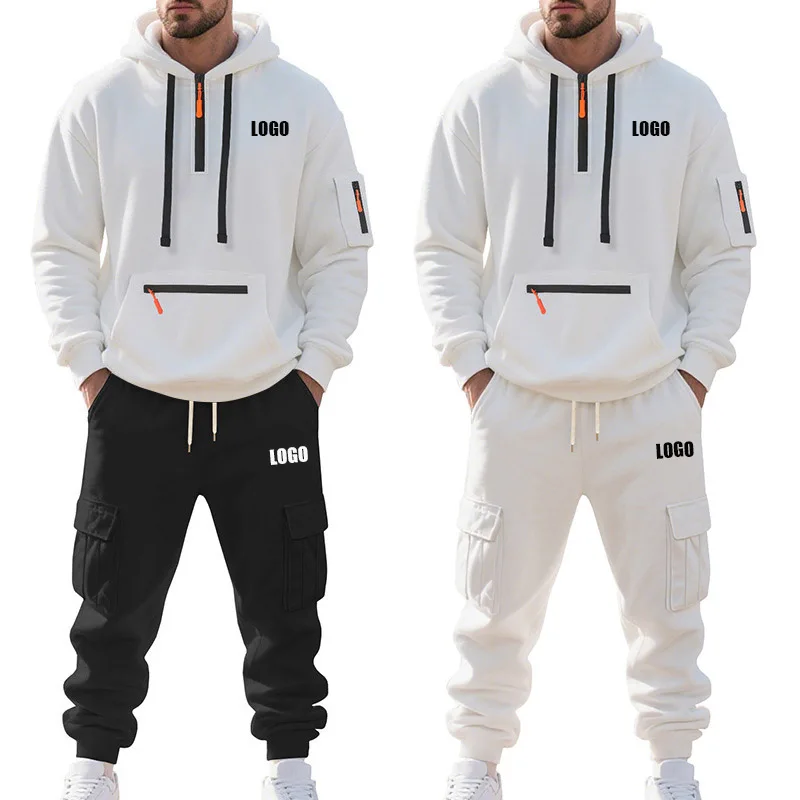 

Customized LOGO Men's Winter Large Size American Heavy Fleece Loose Casual Sports Multi-Pocket Overalls Two-piece Set