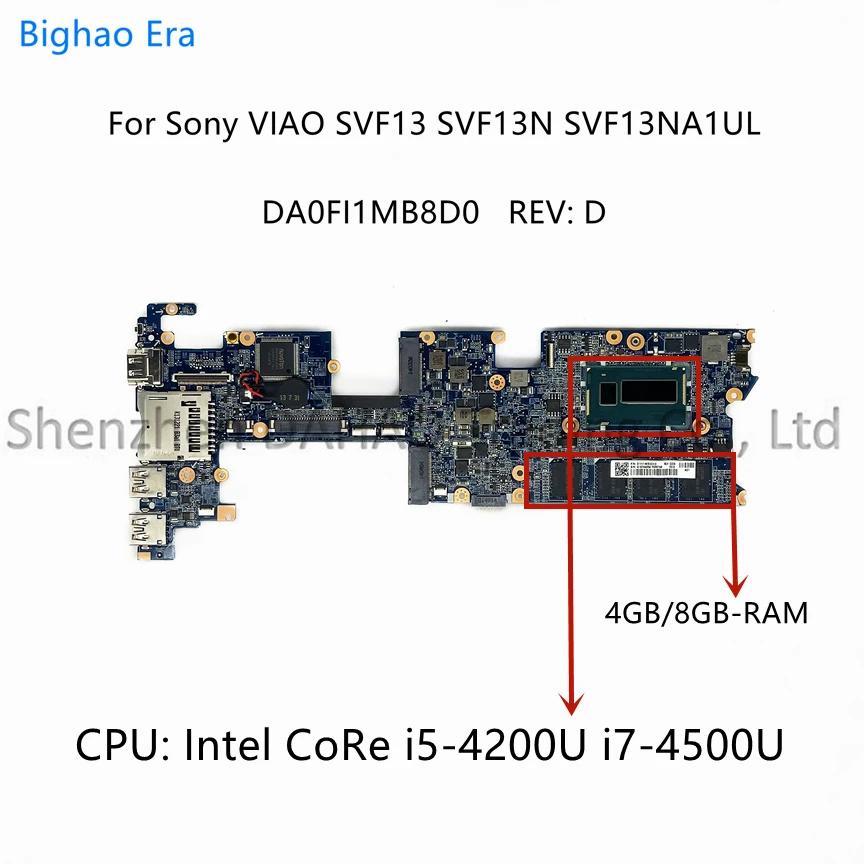 

DA0FI1MB8D0 For Sony VIAO SVF13 SVF13N SVF13NA1UL Laptop Motherboard With i5-4200U i7-4500U CPU 4GB 8GB-RAM A1974485A A1999215A