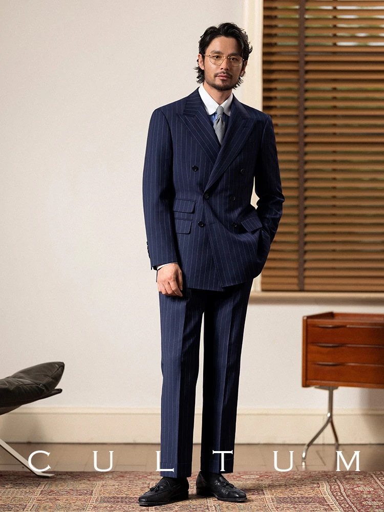 

CULTUM Men's Busin Suit Woolen Striped Double-breasted High-quali f Linen Busin Formal Suit