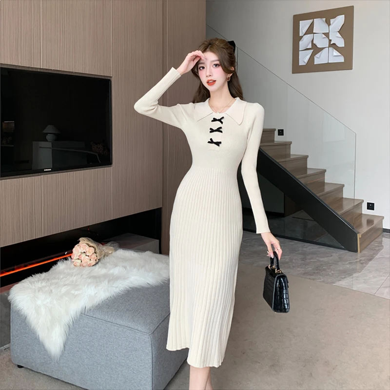 

2023 Women Polo Collar Bow Knitted Dress French Advanced Sense Autumn Winter Interior Layering Slim Temperament Sweater Dress