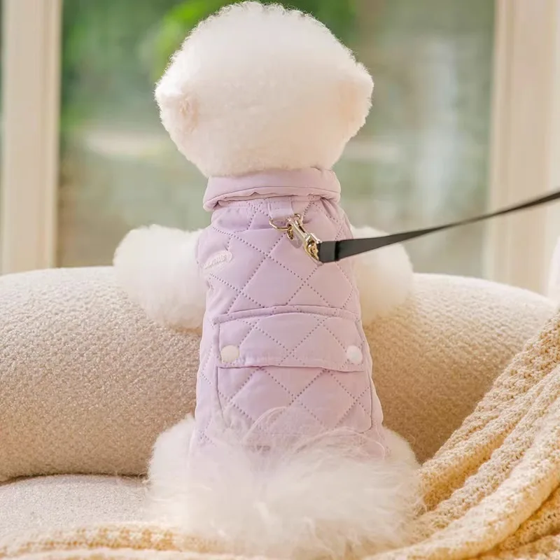 الشتاء جرو الملابس تيدي بلون سترة Bichon Frize Leashable الدافئة القطن الحيوانات الأليفة أكمام سبليت زر قميص
