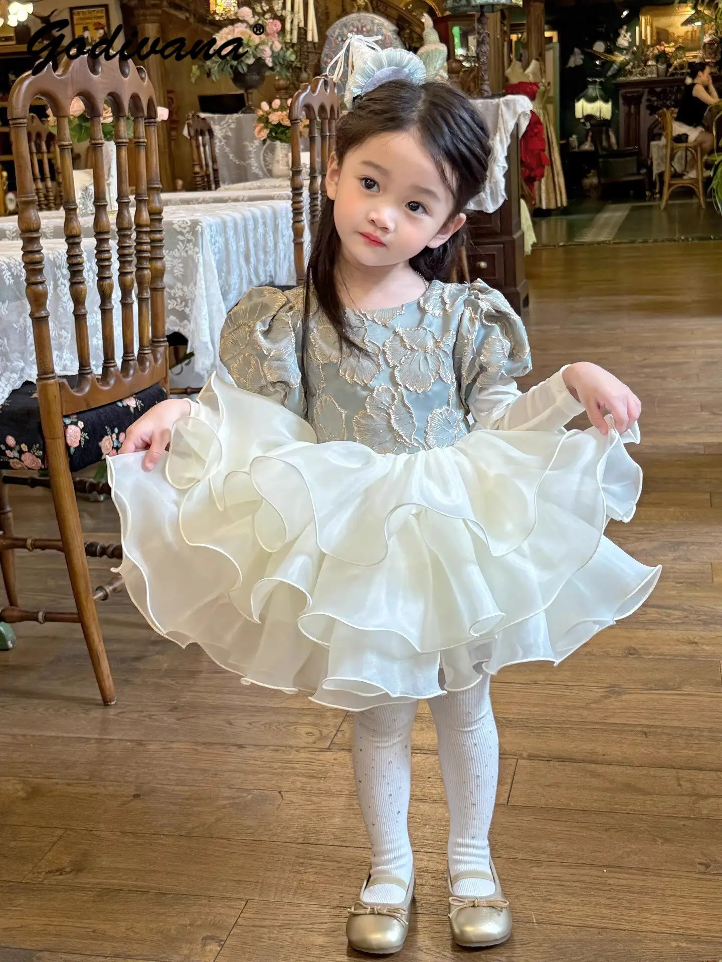 

Baby Girls First Birthday Party Princess Dress Childrens High End Embroidery Puff Sleeve High Waist Mesh Patchwork Ball Gown