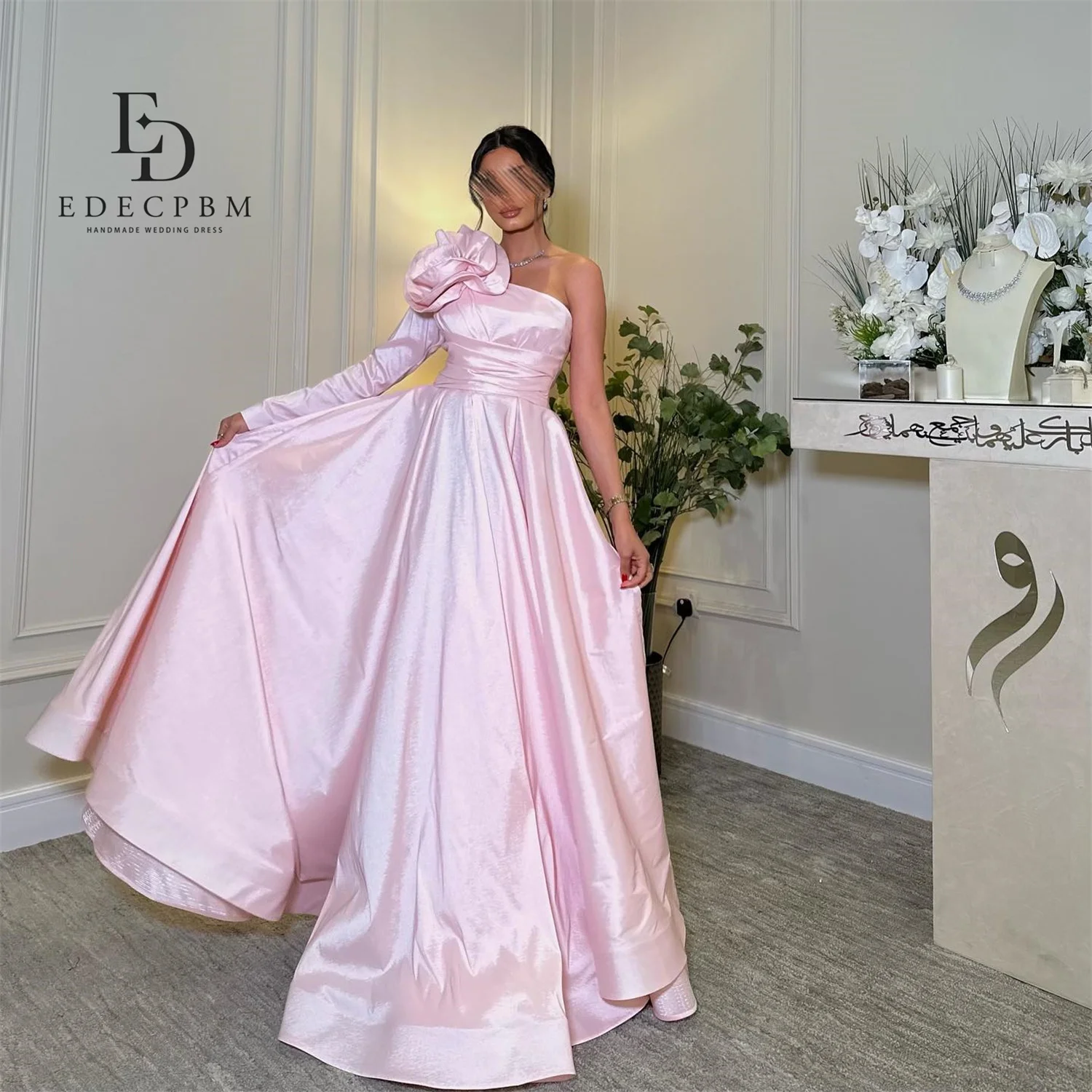 EDECPBM エレガントなパーティードレス 2025 イブニングドレス レディース プロムドレス ピンク サテン カスタムメイド ワンショルダー イブニングドレス
