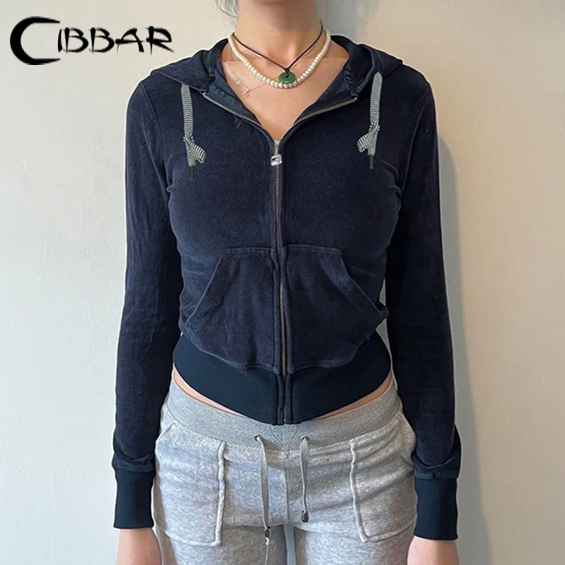 CIBBAR Vintage Velvet Hoodies y2k Pockets Patchwork Zip Up Sweatshirt for Women Spring Autumn Cropped Hooded Sweatshirt Harajuku