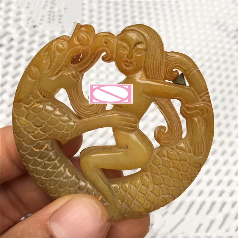 Ancient Xiuyu Old Jade Auspicious Dragon Beauty Statue Hand-Carved Jade Handle Piece Chinese Collectible Craft