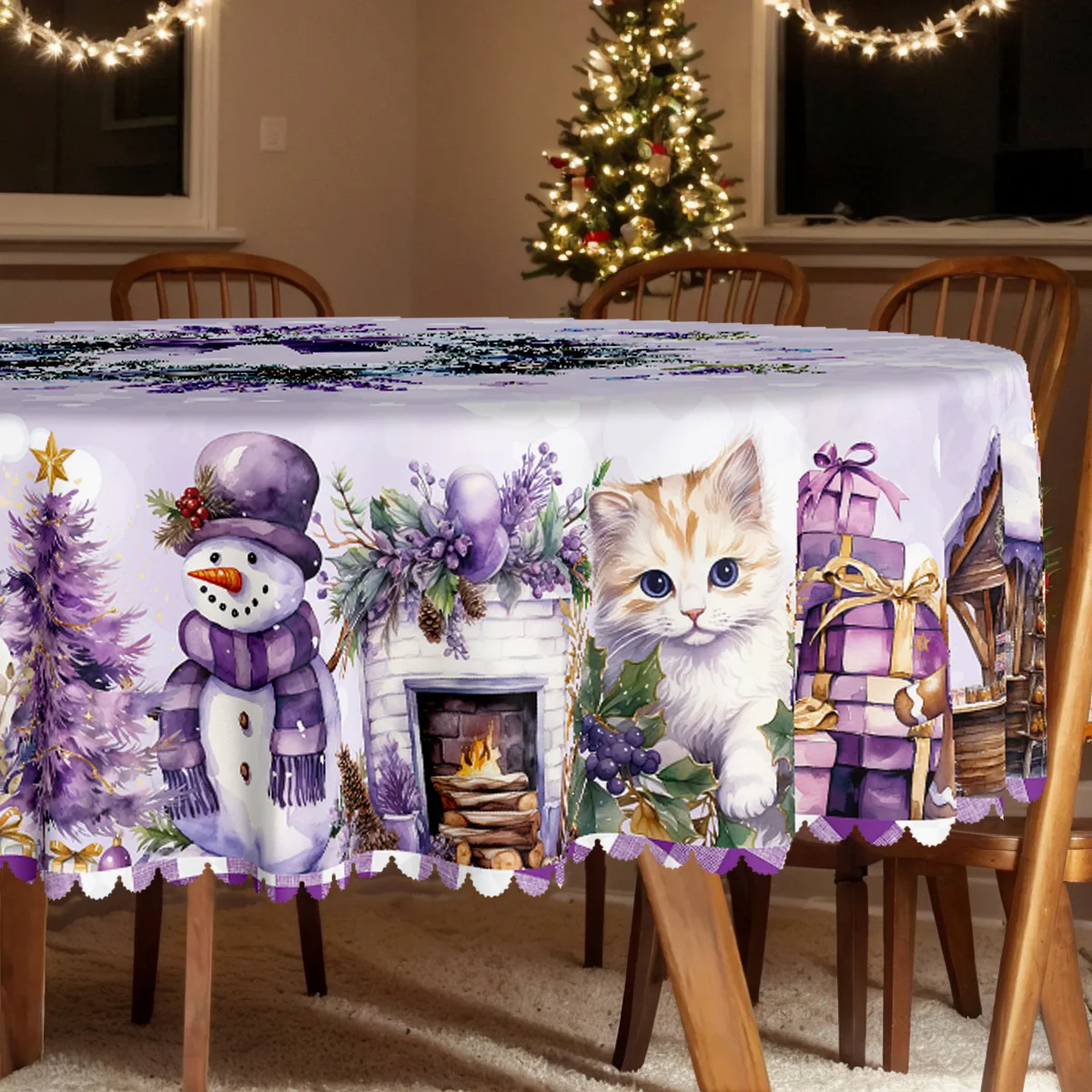 Christmas-themed party tablecloth, snowman elf and cat design print, rectangular and round tablecloth with embossed edges