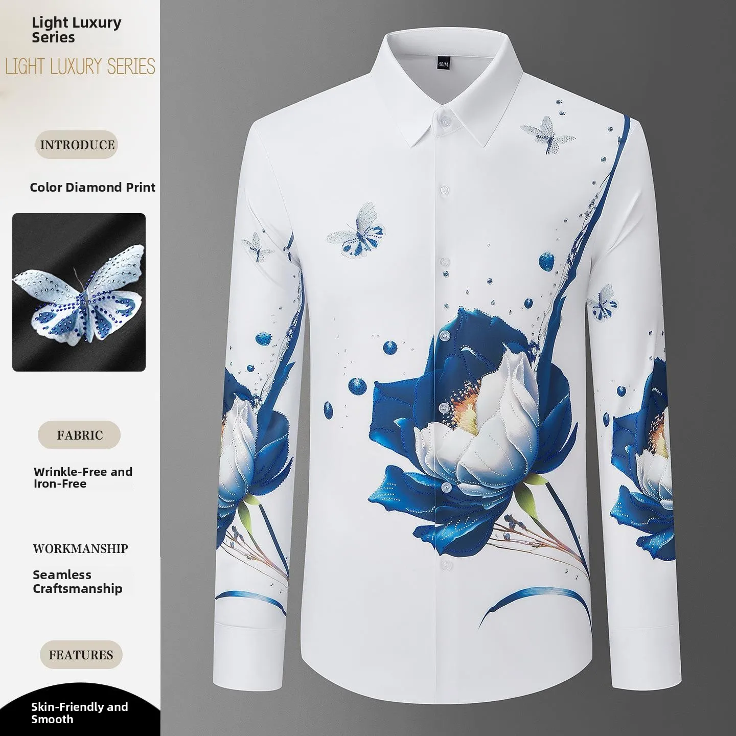 

Мужская роскошная повседневная одежда с цифровым принтом и стразами Slim Fit Long Sve Faionable Casual irt для молодых мужчин