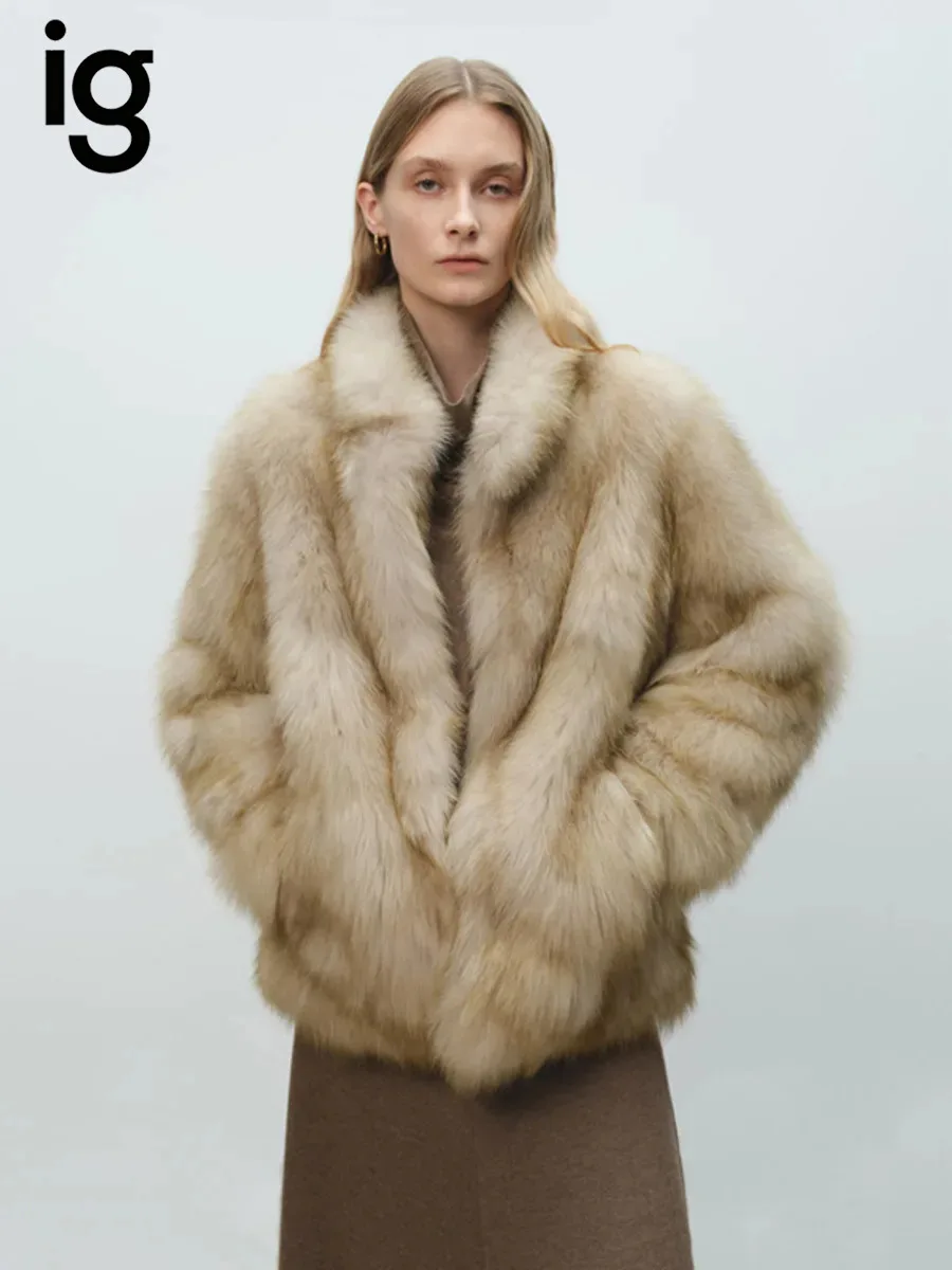 IG 2026 New Women Stand Collar Faux Fur Mid Jacket Hidden Placket Long Sleeve Oversized Warm Winter Daily Coat