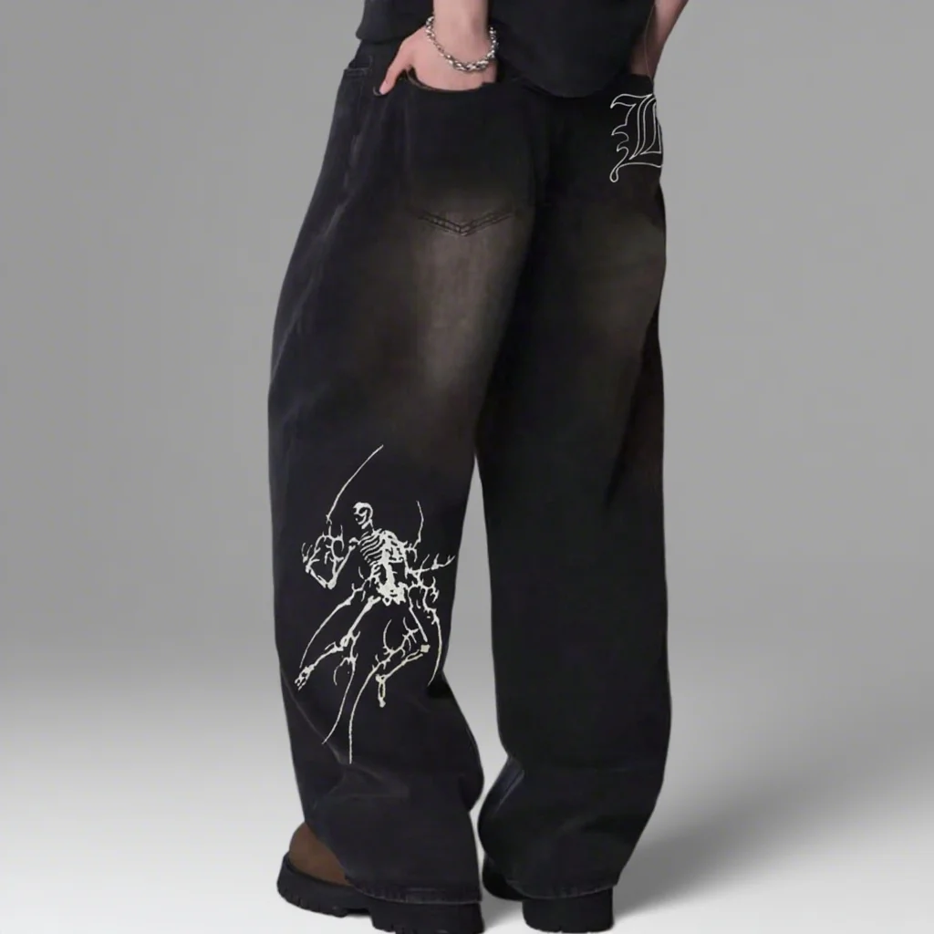 

Men's Hip Hop Anime Pattern Black Loose Wide Leg Jeans American Trend Retro Gothic Men Woman Wide-Leg Pants Streetwear