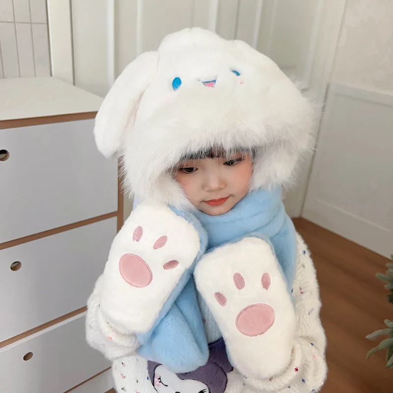 Sanrios Child Hat Scarf Gloves In One Kuromi Thicken Keep Warm Boy Girl Kawaii Cartoon Protection From Cold Ear Protection Hat images - 6