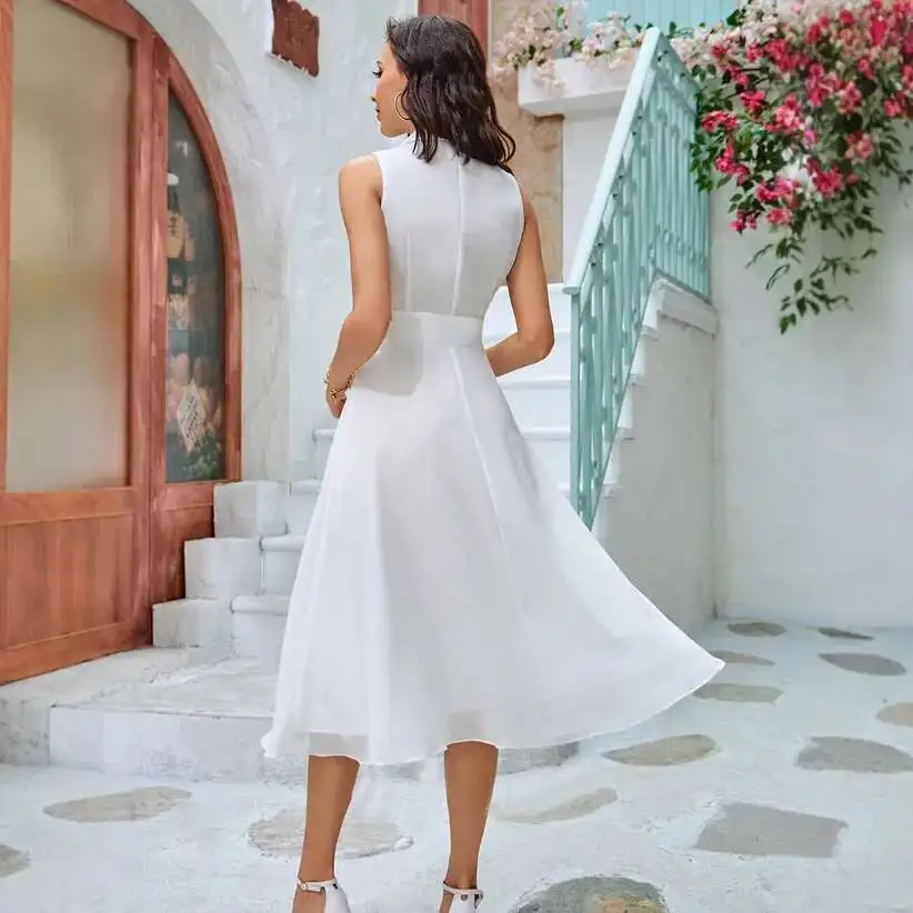 

2025 Summer New Women's Fashion V-neck Sexy V-neck Solid Color Sleeveless Chiffon Dress for Women Robe Vestido Women Elegant