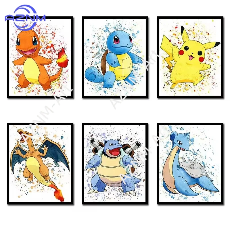 1pc Anime Pokemon Canvas Painting Bulbasaur Charmander Squirtle Poster and Print Watercolor Wall Art Picture Home Decor