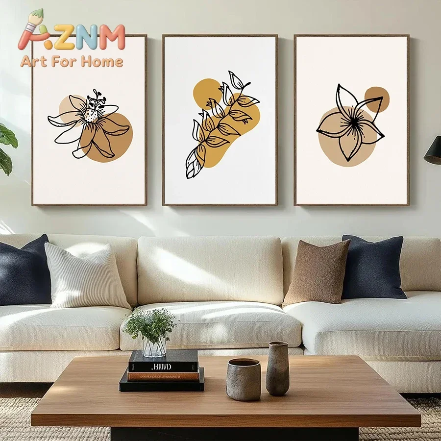 AZNM Boho Line Art Flower Canvas Wall Art Abstract Beige Floral Sketch Print Unframed Canvas Poster for Living Room Bedroom Home