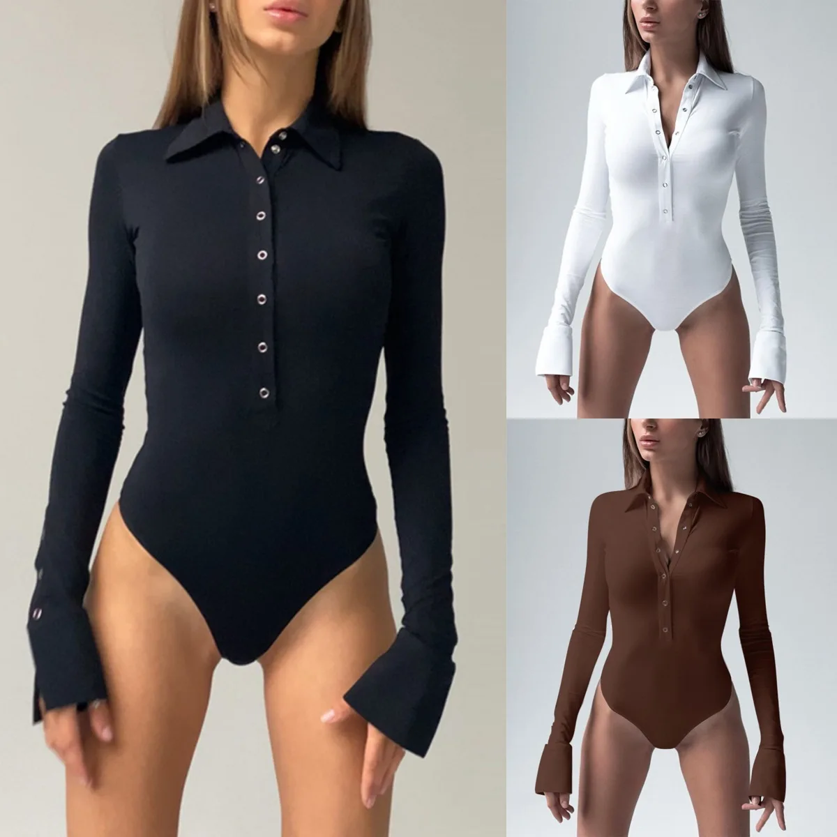 مونوكيني ضيق وطويل الأكمام مع ياقة وزر واحد وفتحة لون نقي وفتحة صغيرة واسعة وخصر عالٍ وقص مستقيم... #1