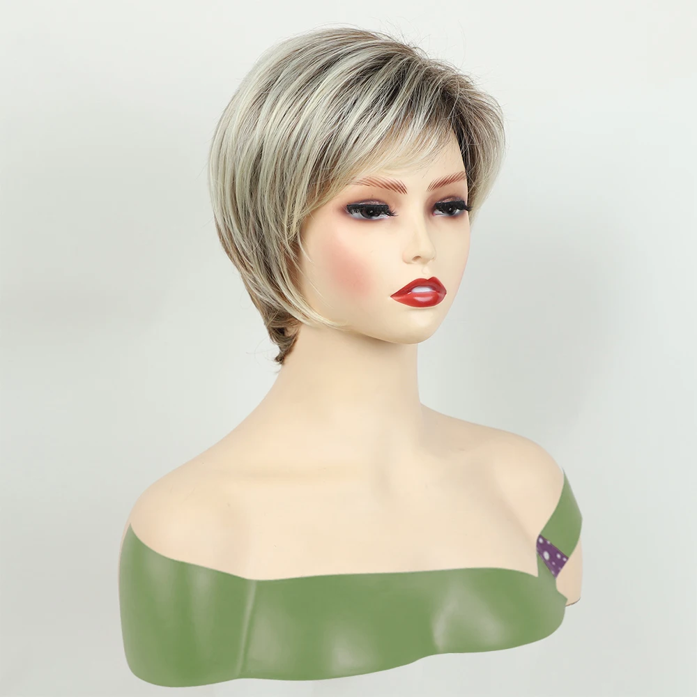 MSWIGS Parrucche da donna a taglio corto Parrucca sintetica bionda con frangia Capelli afro bicolore resistenti al calore marroni Ombre per donna