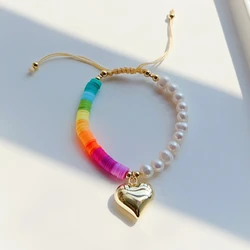 Herlook Heart Charm Bracelet for Women Boho Summer Beach Natural Pearl Bracelets Jewelry Rainbow Heishi Pulseras Gift for Lover
