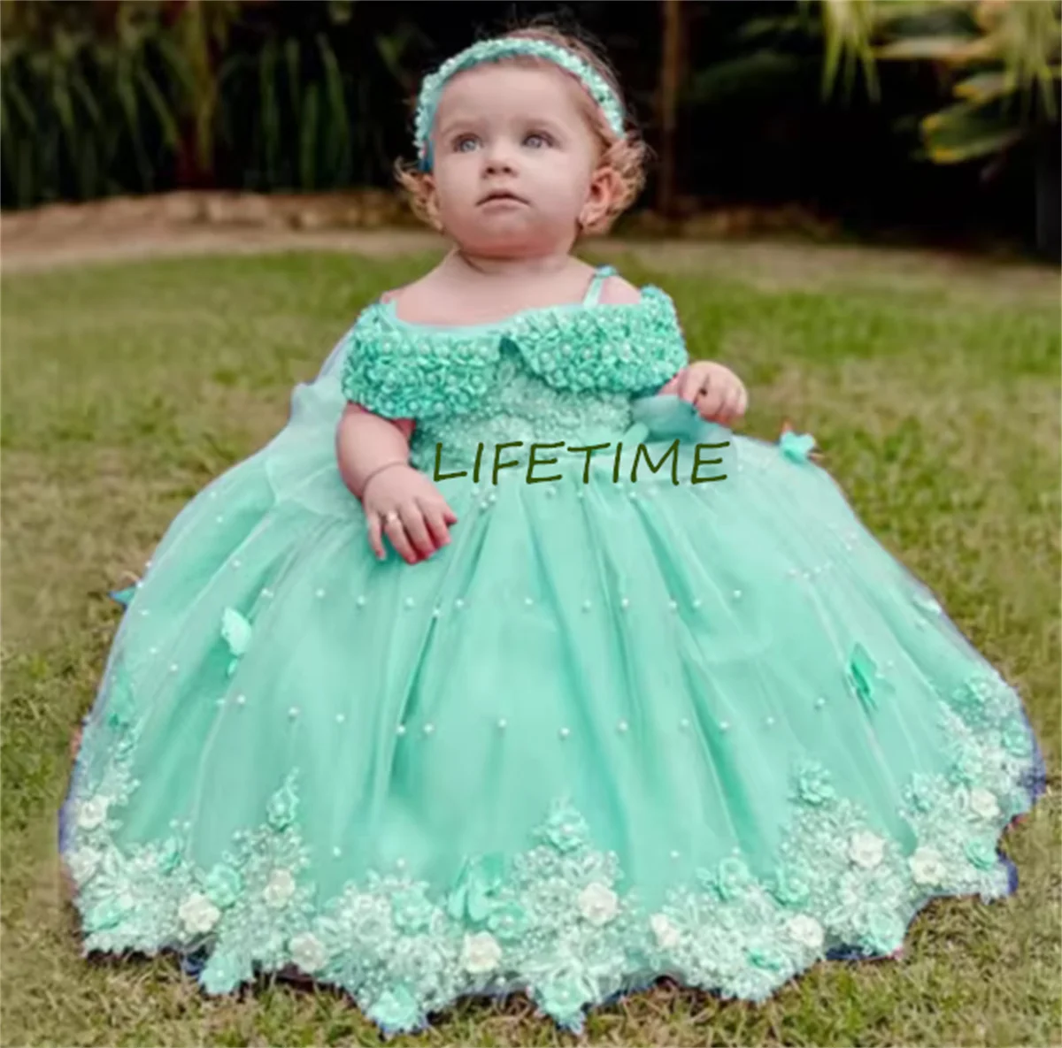 Royal Blue Flower Girl Dress with Spaghetti Band Lace Stickers Thin Gauze Princess Beauty Pageant Formal Event