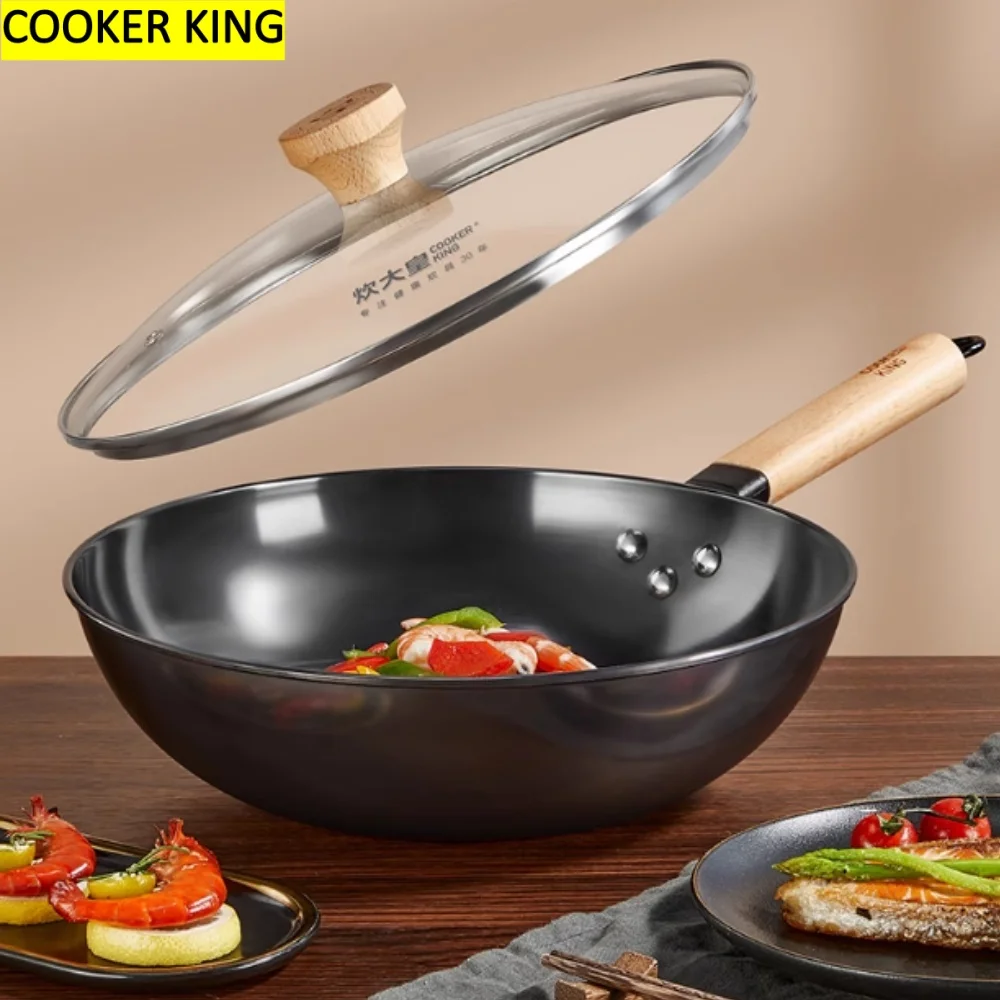 

COOKER KING Iron Frying Pan Non-Stick Pot Wok Pan with Lid & Wooden Handle for Electric Kitchen Stove Home Restaurants
