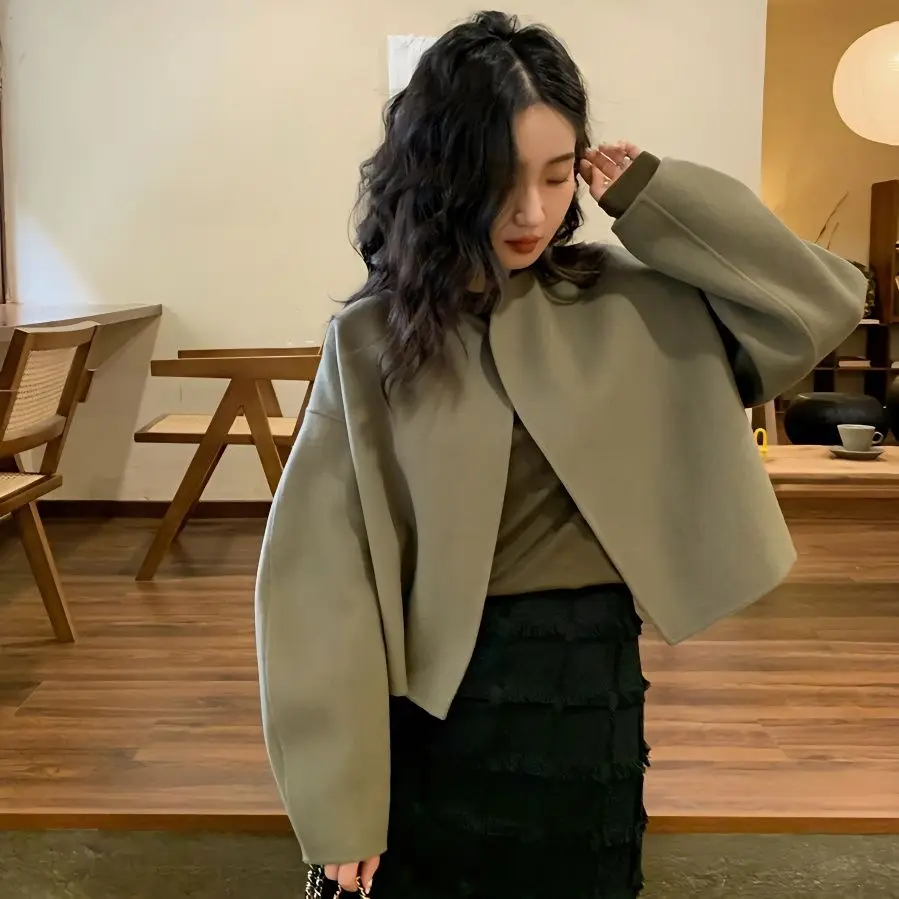 

Korea Vintage Cropped Jackets Women Basic Short Coat Autumn Elegant O Neck Simple Casual All Match Chic Outerwear Tops