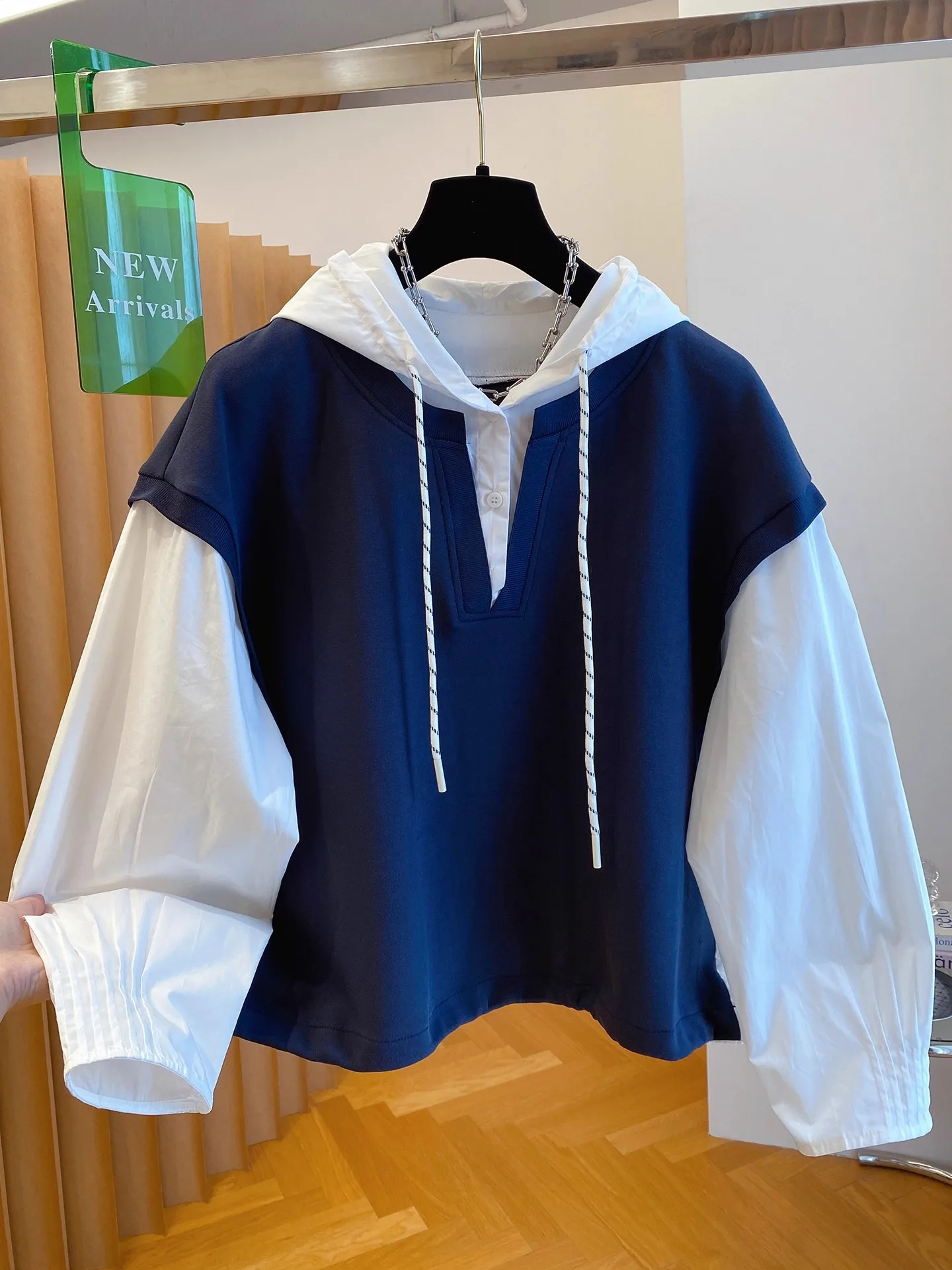 Damska bluza z kapturem, bardzo duża, 300 g/m², imitacja dwuczęściowej bluzy, luźna, długa, na wiosnę i jesień, nowa, wygodna góra.