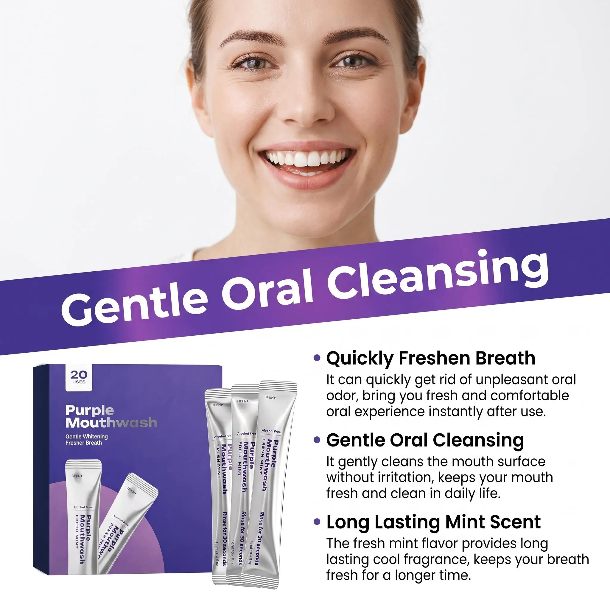 20Pack Purple Mouthwash For Teeth Whitening, Tooth Color Correcting Deep Clean Oral Food Residues Portable Whitening Mouthwash - view 6