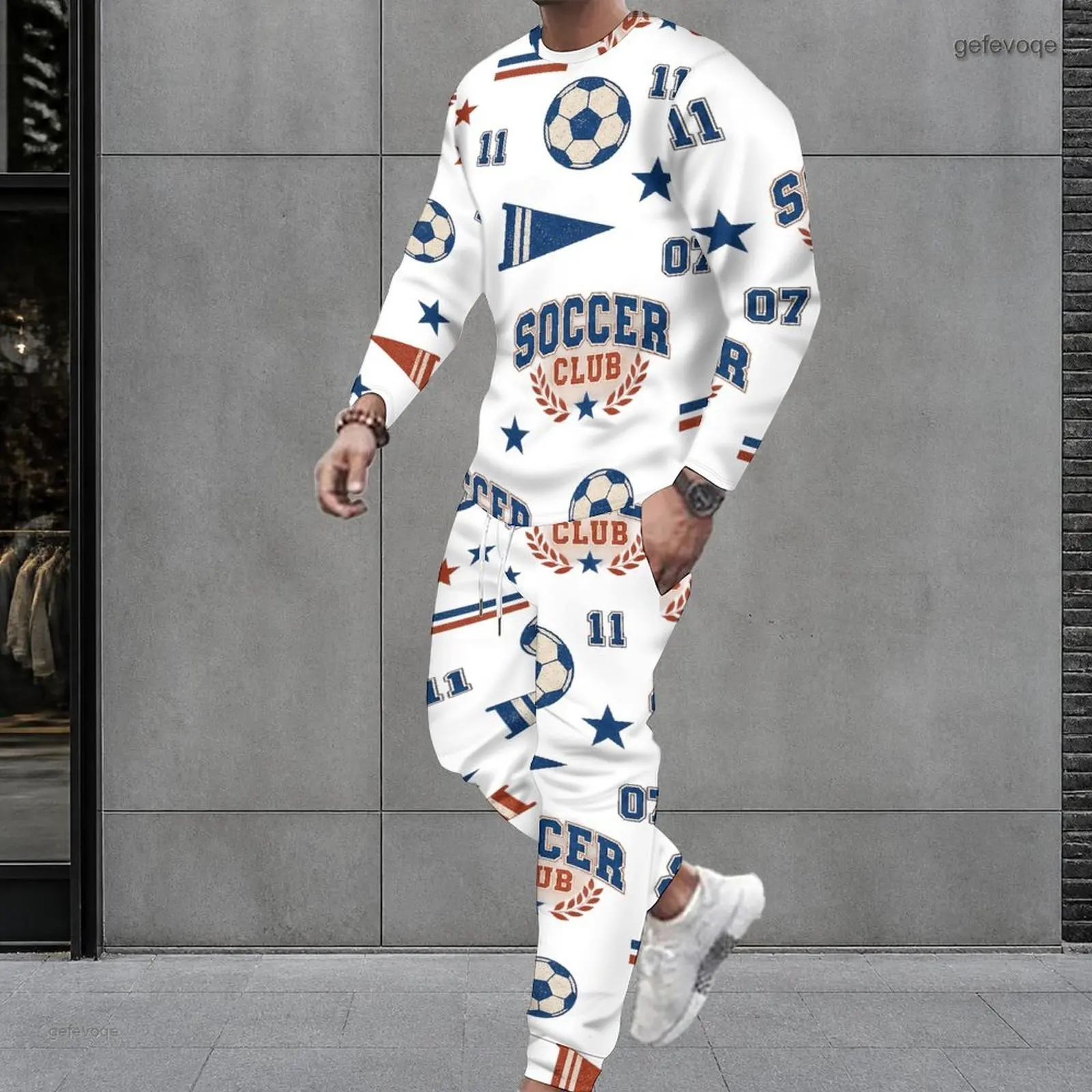 Men All Over Soccer Club Pattern Printed Round Neck Long Sleeve Top and Cuffed Pants Two Piece Set