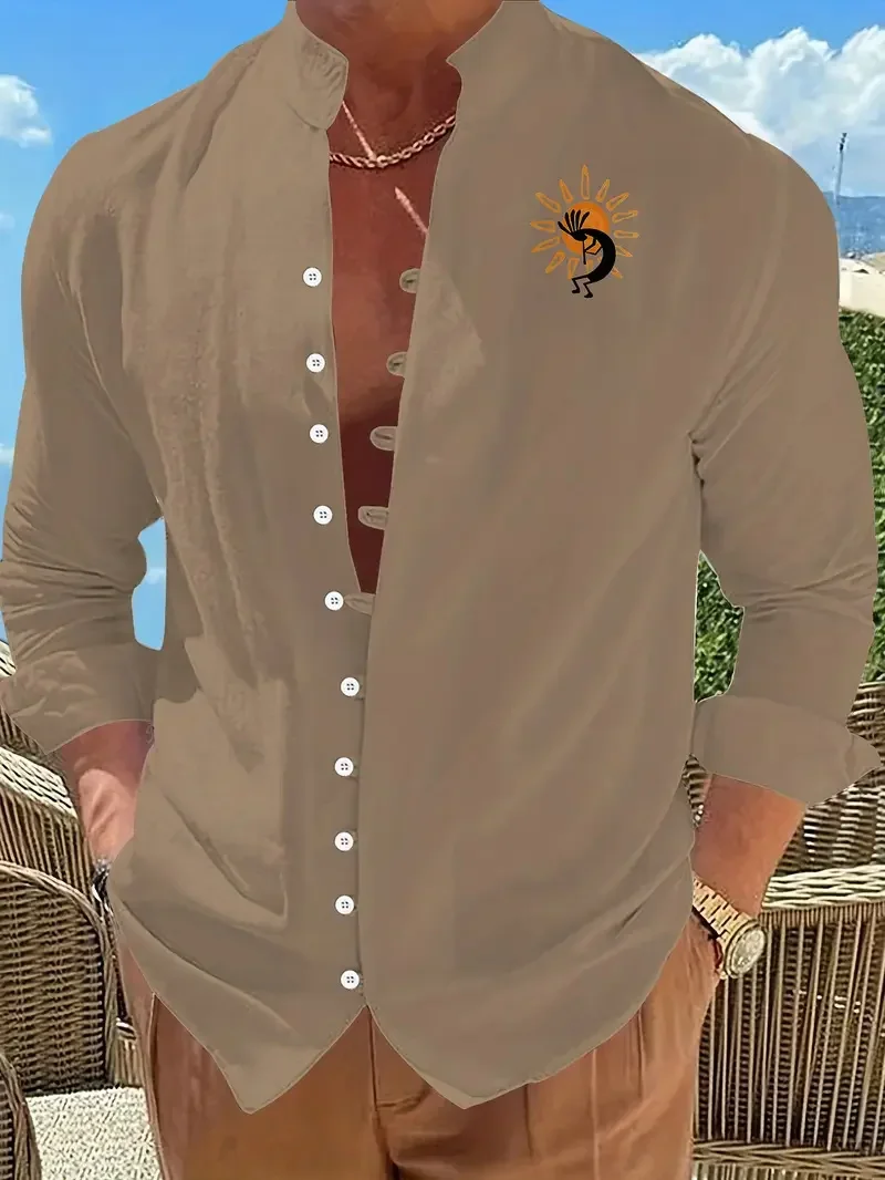 New Men's Ethnic Style Linen Long Sleeve Shirt Men Button Fashion Trendy Boat Anchor Pattern Fit Comfortable Vintage Top