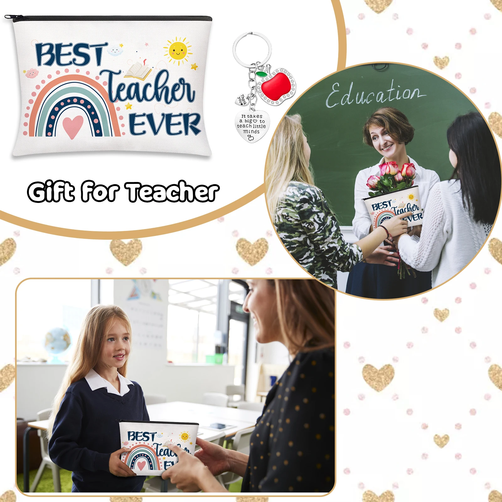 Teacher Appreciation Gifts Set, 6 PCS Makeup Cosmetic Bags with 6PCS Heart-Shaped Keychains with Diamonds, Valentines Graduation