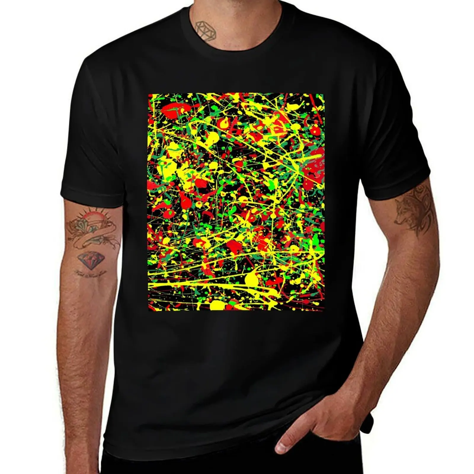Rasta Splattered Paint in Jackson Pollock Style T-Shirt Soft Touch Basic Cotton T-Shirt