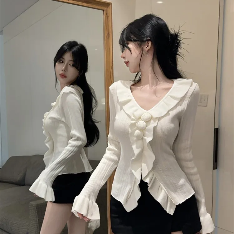 Sexy V-Ne Bell Sve Ruffle Hem Base irt Anti-envejecimiento Versátil Jersey de punto Otoño Invierno Mujer Slim Fit Long Sve...