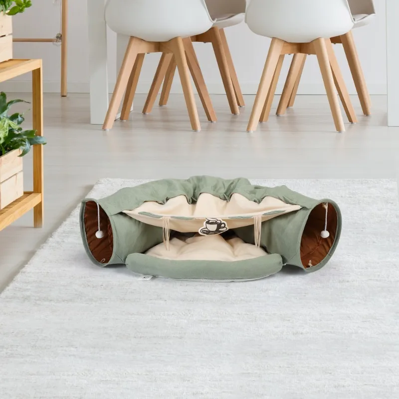 

Ярко-зеленый телескопический туннель для кошек, мягкая кровать, гнездо для домашних животных с дразнящими шариками, соединение на молнии, принадлежности для кошачьих кошек