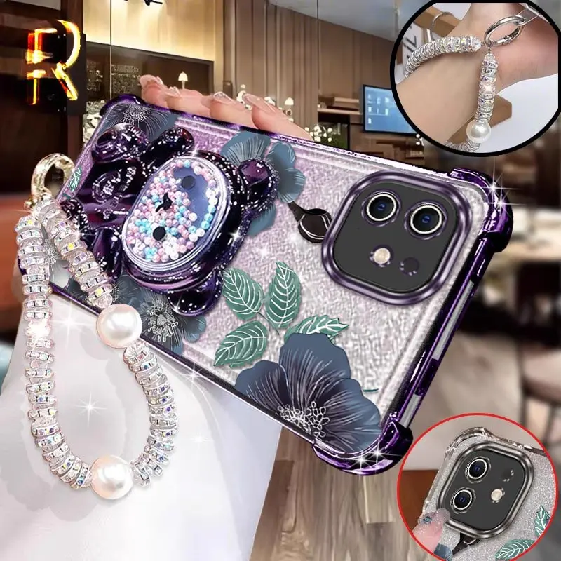 11 الأرجواني الزهور تصفيح سوار حامل جراب هاتف آيفون 12ProMax 12Pro 11 XS X 6 XR 11Pro 8 7 XSMAX 12 11ProMax غطاء