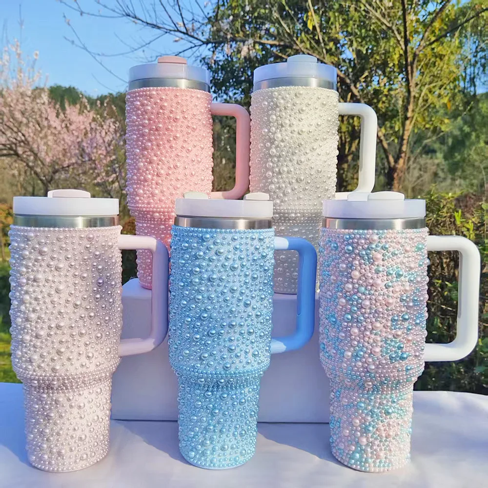 

Pearl Diamond Insulated Cup,Exquisite Large Capacity Portable Car Cup with Handle,Stainless Steel Insulated Water Cup with Straw