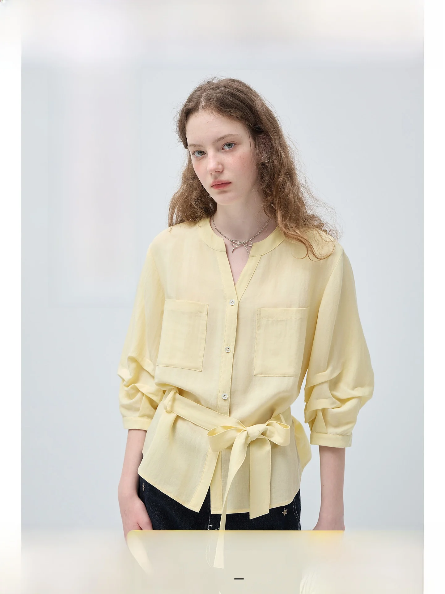 

Rui plus Size Women's Shirt Casual Slimming Spring Season Versatile Seven Sleeve V-Neck Button Closure Breathable Comfortable
