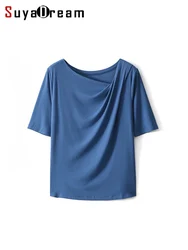 SuyaDream Women Solid T Shirt Real Silk Blend Skew Collar Summer Tee 2023 New Ribs Tops Blue Pink