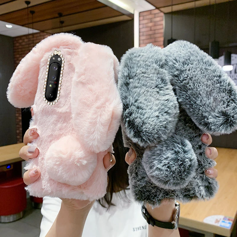 For Sony Xperia L4 L3 L2 Phone Case Rabbit fluffy fur soft silicone cover For Xperia 10 iii 5 1 II XA1   XA2 Ultra XZ1 XZ3 Case