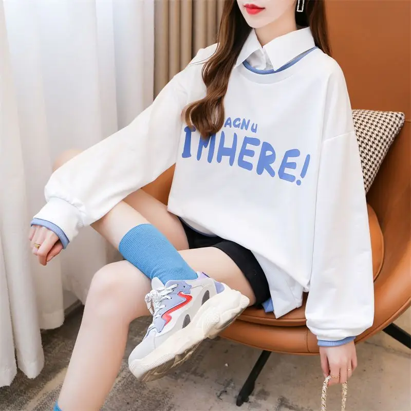 Autumn Long Sleeve Fake Two Pieces Female Casual Korean Printing Turn-down Collar Plaid Sweatshirts All-match Patchwork T-Shirts