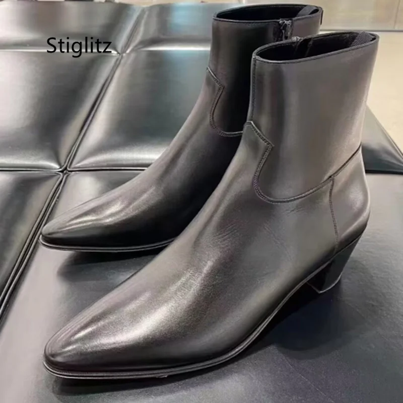Black Genuine Leather Men\'s Boots Fashion Zip Pointed Toe Ankle Boots for Men Formal Dress Casual High Heels Office Shoes