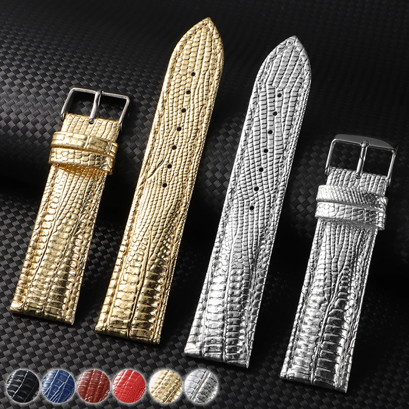 Lizard Embossed Leather Watch Band 18mm 20mm 22mm Shiny Metallic Texture Strap Cowhide Bracelet for Smartwatch Elegant Wristband