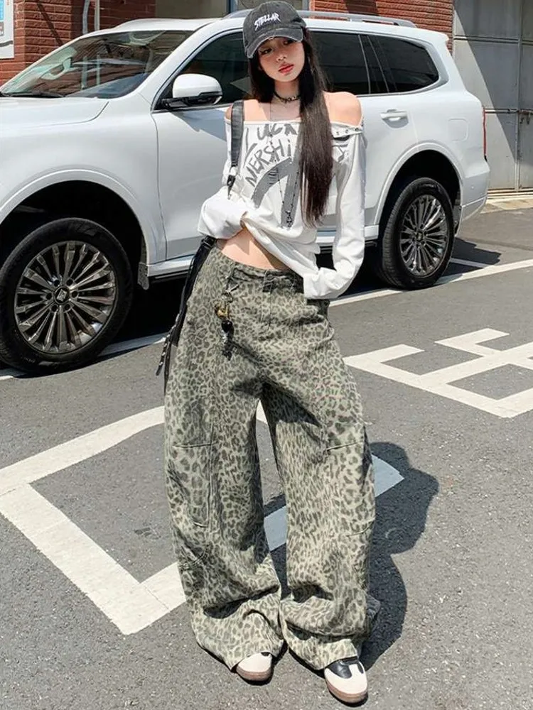 Casual Womens Streetwear High Waist Denim Pants Fashion Leopard Print Loose Fit Wide Leg Jeans Spring Autumn Straight Trousers