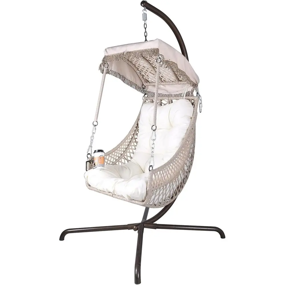 

Прочное плетеное кресло-качалка для улицы с подставкой, до 350 фунтов, удобный гамак из ротанга, бежевый