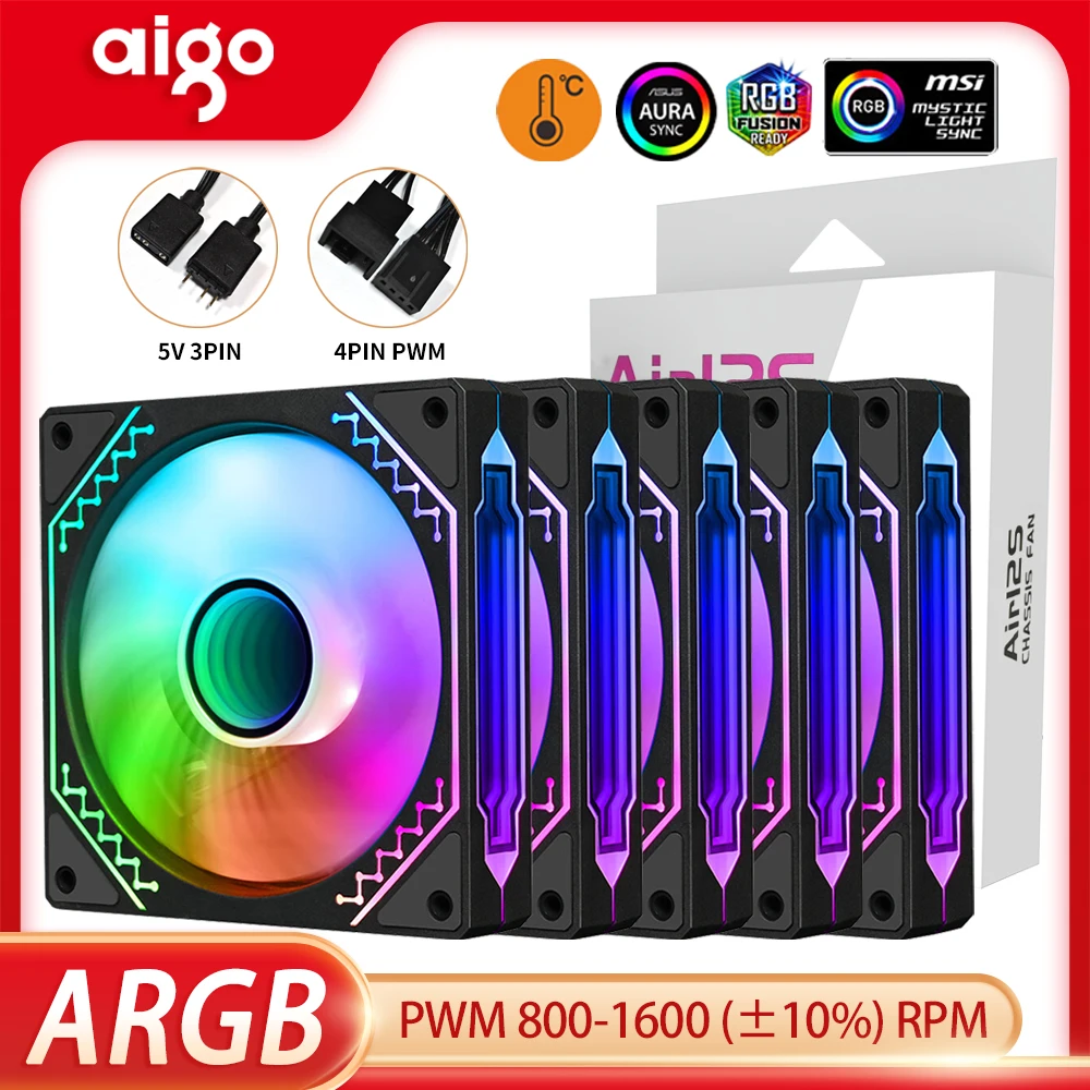 aigo Air12s PC Case Fan 12cm 4Pin 5V 3Pin ARGB Cyclic Mirror Light Effect PWM CPU 120mm Cooling Fan infinite space ventilador