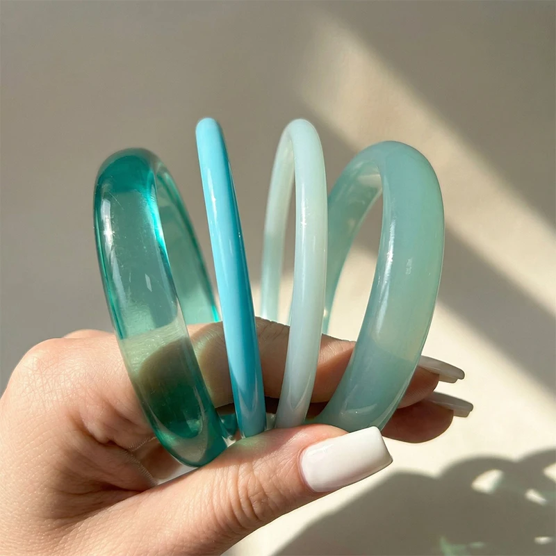 4PCS Set Ins Style Resin Bangle Bracelets For Women Bohemia Transparent Stackable Blue Wristbands Fashion Lightweight Jewelry