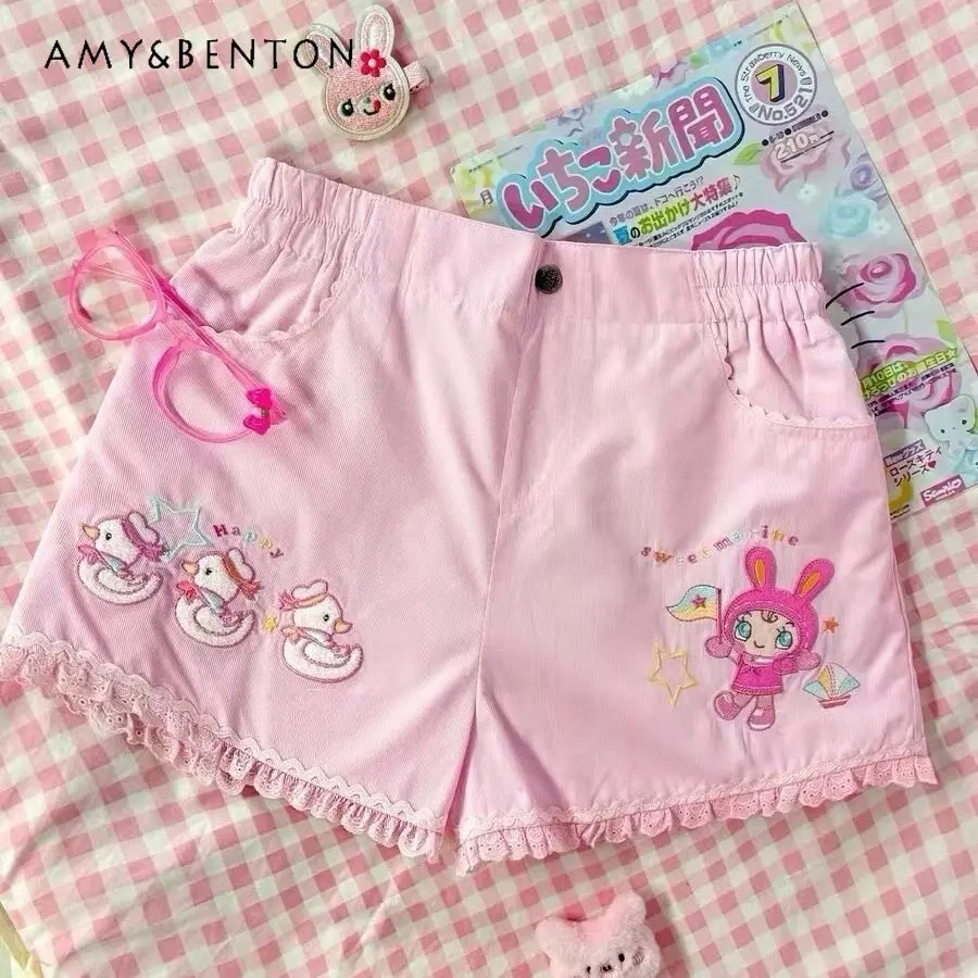 

2026 Summer New Japanese Style Sweet Girls Cartoon Embroidery Loose Casual Daily Lace Trim Elastic Waist Pink Shorts