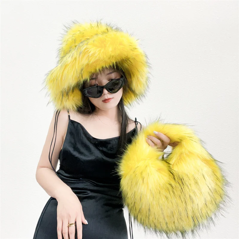 New Fluffy Faux Fur Bucket Hat Women Raccoon Fur Warm Thick Plush Winter Hat Lady Luxury Fashion Furry Panama Fisherman Cap