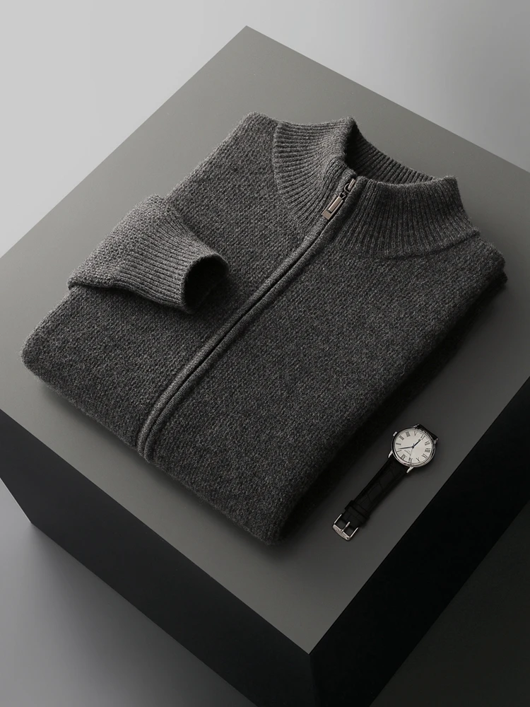 

Thick Zip-Up Cardigan Men's Autumn Winter Sweater Casual Warm Soft 100% Merino Wool Knitwear Chic Basic Solid Clothing Tops