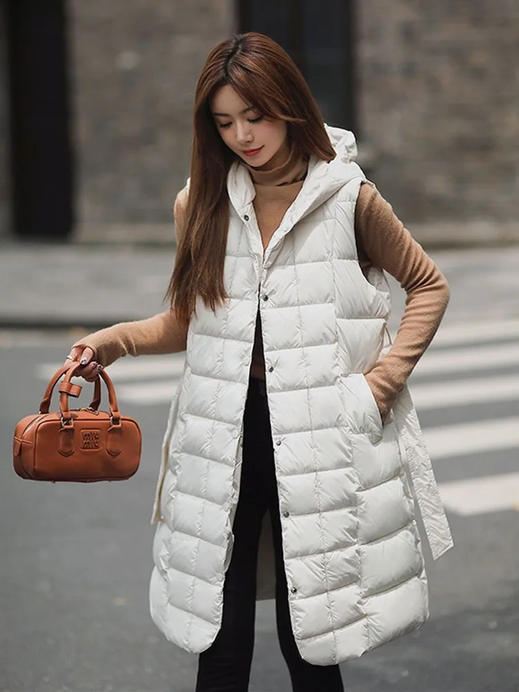 Autumn Winter Waistcoat Women Long Vest Parka Down Cotton-padded Jacket Sleeveless Hooded Outerwear Female Loose Belt Warm Coats