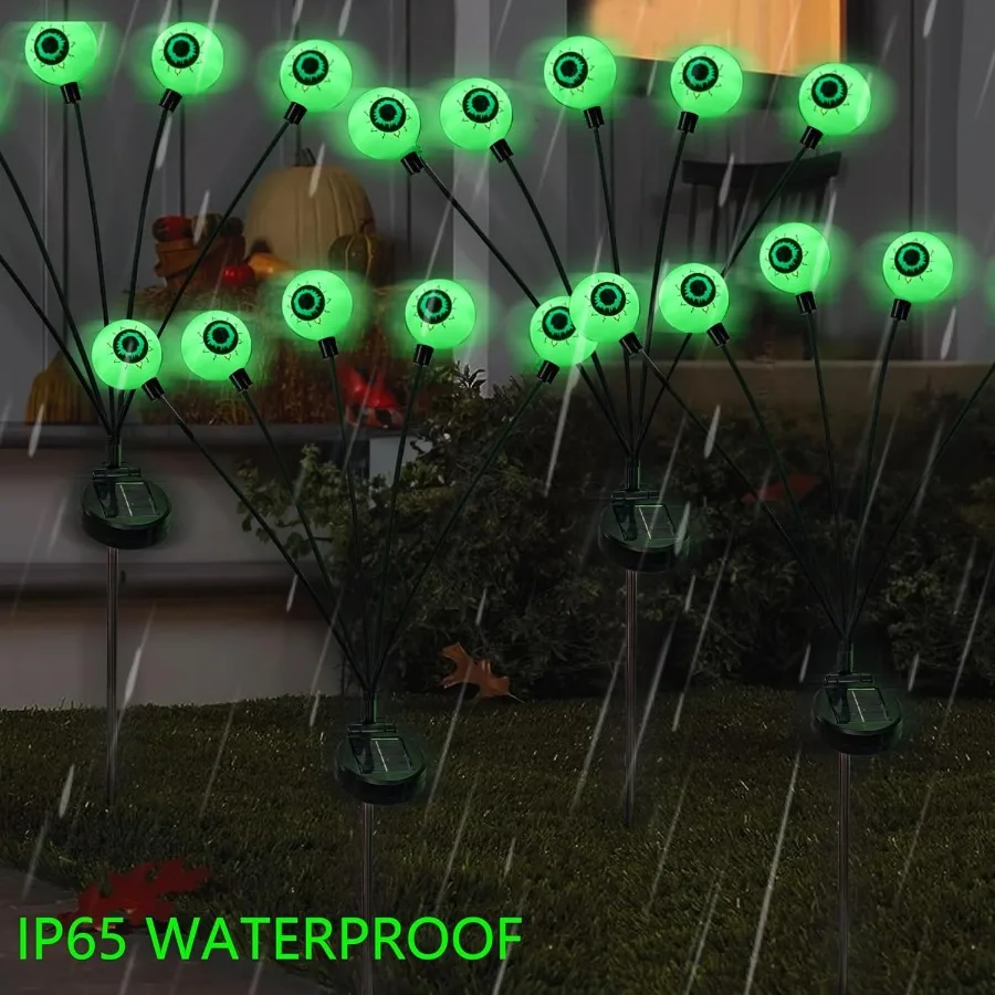 Halloween Decorations Outdoor 4 Pack 24LED Solar Eyeball Pathway Lights Scary Waterproof Solar Green Firefly Ligh