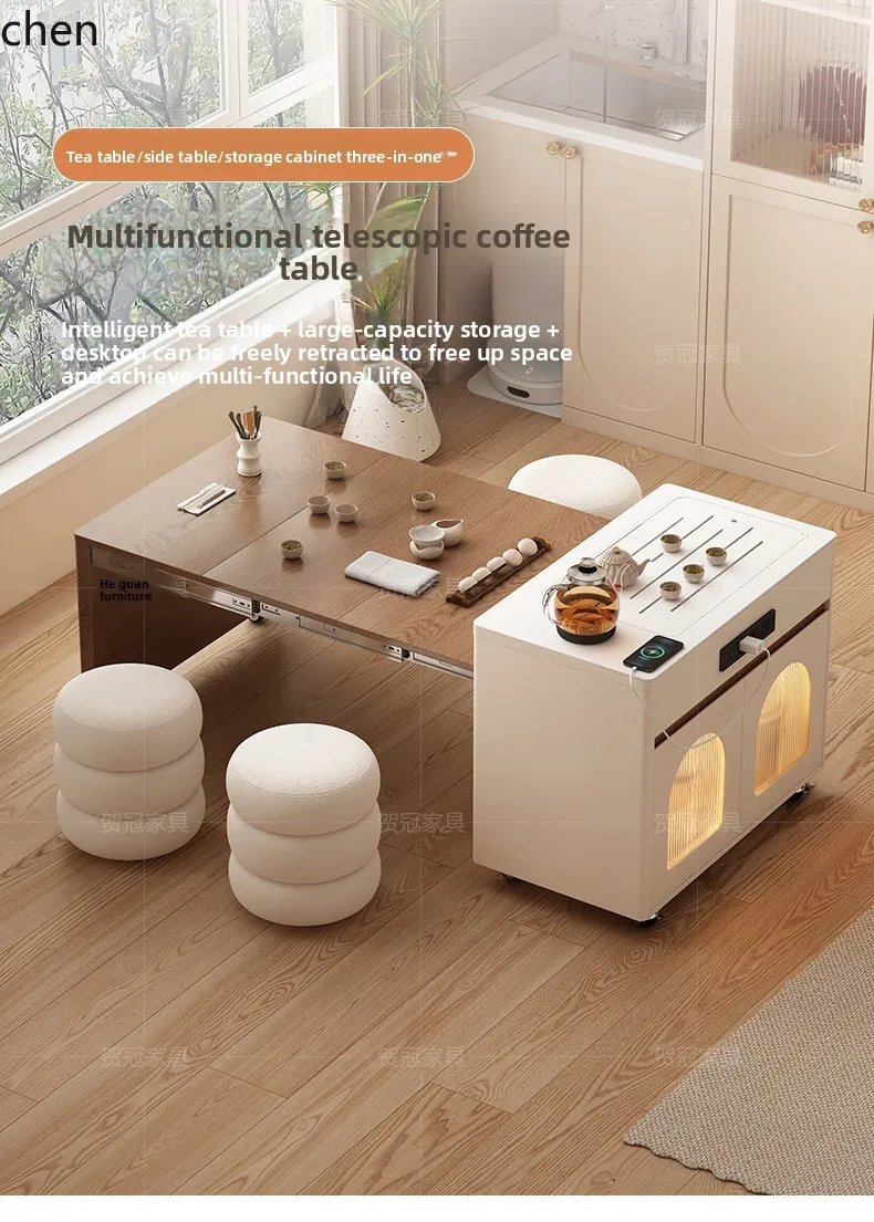 T Solid Wood Extendable Coffee Table with Kettle Integrated Fully Automatic Embedded Small Apartment Island  Movable